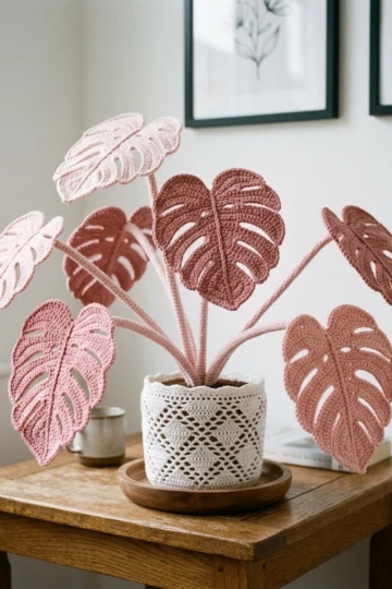 Blush Pink Monstera Plant Free Crochet Pattern