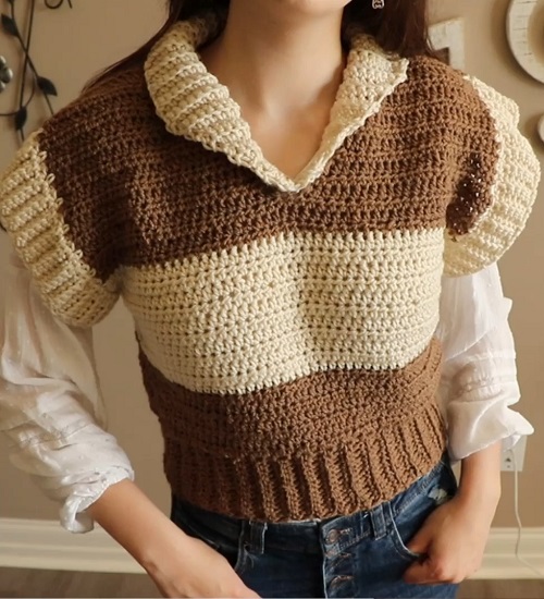 Crochet Stripped Collar Sweater Vest